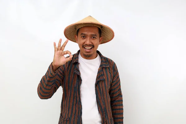 Happy Asian Farmer Standing While Showing Okay Hand Gesture Isolated — Stock Photo, Image