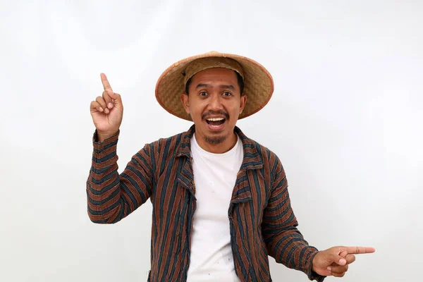 Happy Asian Farmer Standing While Pointing Both Sides Isolated White — Stock Photo, Image