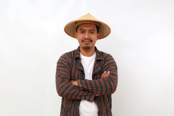 Happy Asian Farmer Standing Hat Folded Hands While Looking Camera — Stock Photo, Image
