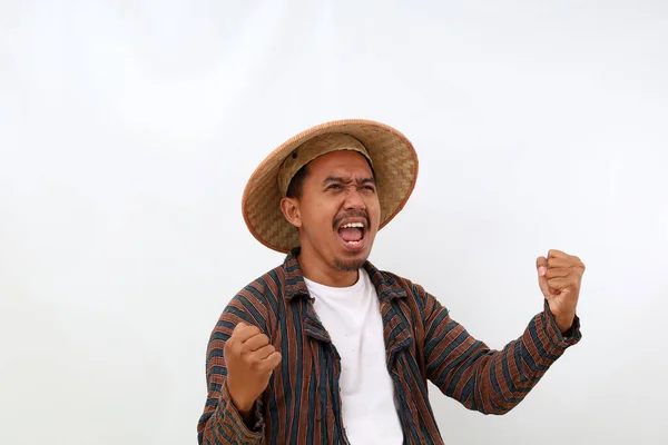 Successful Asian Farmer Standing While Clenching His Hands Shouting Isolated — Stock Photo, Image
