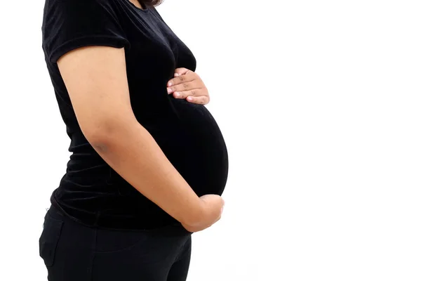 Close Pregnant Woman Standing While Holding Her Belly Isolated White — Stock Photo, Image
