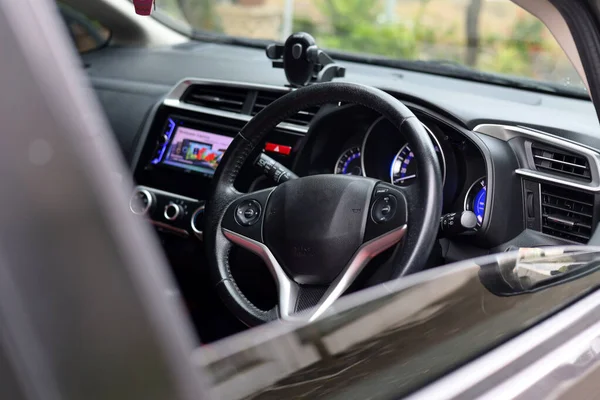 Interior view of car, Luxury car steering wheel