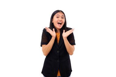 Excited expression of young asian business woman, Shouting while looking on camera. Isolated