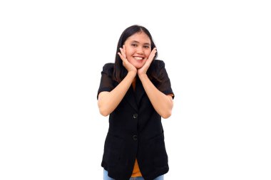 Cheerful expression of young asian business woman standing while looking on camera. Isolated
