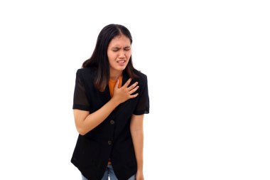 Young asian business woman feeling pain on her chest. Heart attack concept. Isolated on white