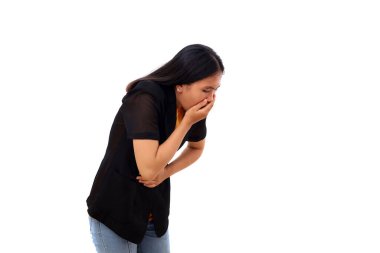 Young asian business woman feeling nauseous, feels like vomiting. Isolated on white with copyspace