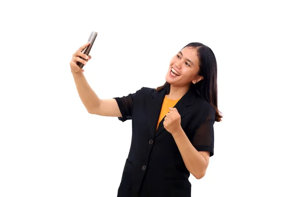 Excited Young Asian Business Woman Clenching Her Hand While Getting — Stock Photo, Image