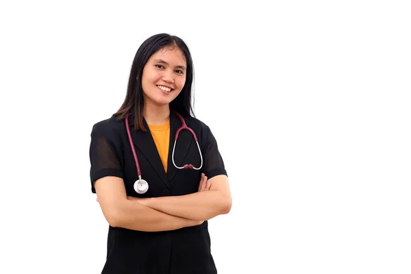 Young Asian Doctor Standing While Holding Stethoscope Isolated White Background — Stock Photo, Image