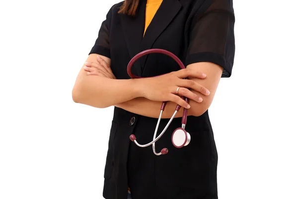 Close Photo Young Doctor Standing While Holding Stethoscope Isolated White — Stock Photo, Image