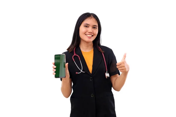 Happy Young Asian Doctor Showing Blank Cell Phone Display While — Stock Photo, Image