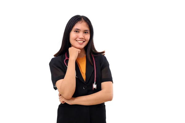 Happy Young Asian Doctor Standing While Draping Stethoscope Isolated White — Stock Photo, Image