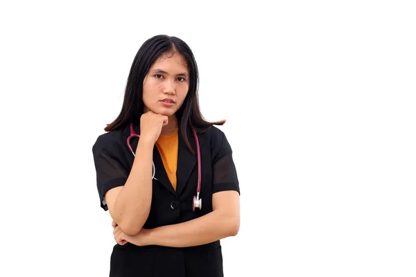 Serious Young Asian Doctor Standing While Draping Stethoscope Isolated White — Stock Photo, Image