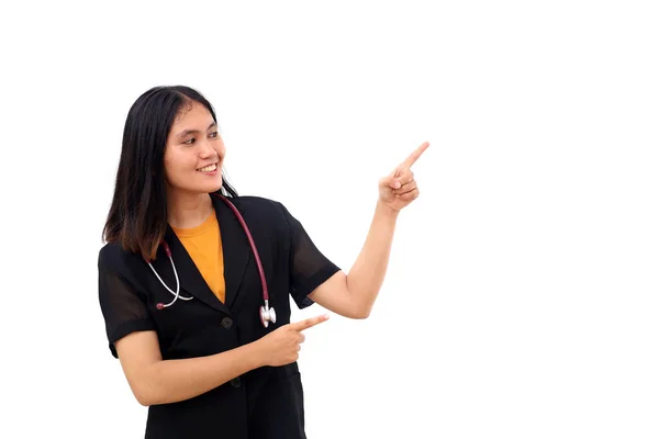 Young Asian Doctor Standing While Draping Stethoscope Pointing Presenting Blank — Stock Photo, Image