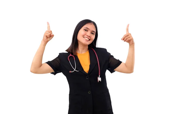Young Asian Doctor Standing While Draping Stethoscope Pointing Something Her — Stock Photo, Image