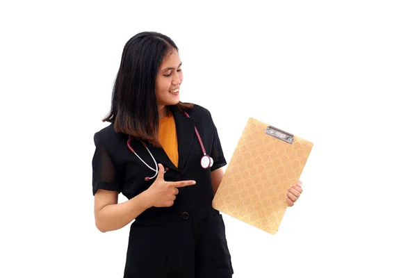 Young Asian Doctor Standing While Draping Stethoscope Holding Blank Board — Stock Photo, Image