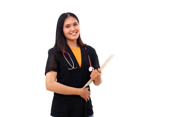 Young Asian Doctor Standing While Draping Stethoscope Holding Patient Records — Stock Photo, Image
