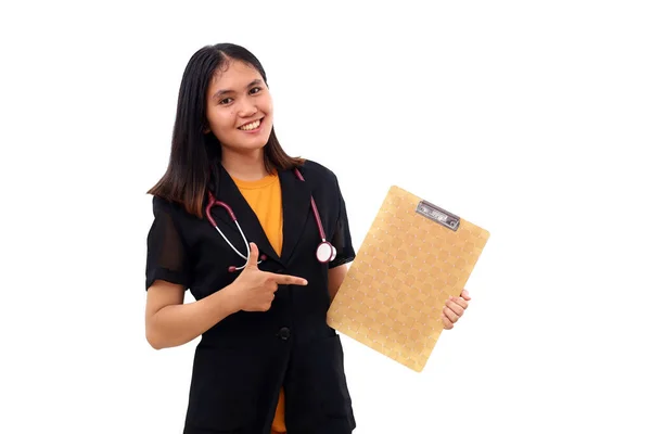Young Asian Doctor Standing While Draping Stethoscope Holding Blank Board — Stock Photo, Image
