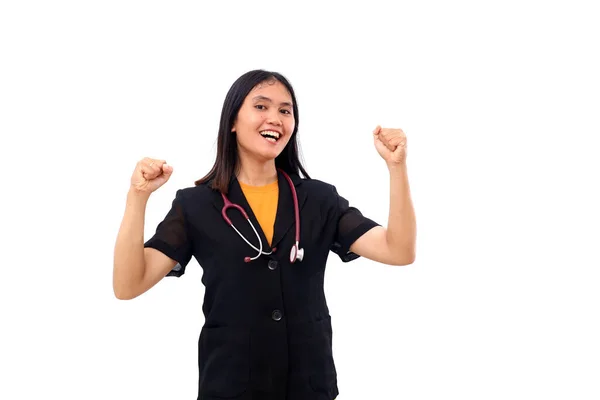拳手で聴診器をドレープしながら立ち上がる若いアジア人医師の興奮 — ストック写真