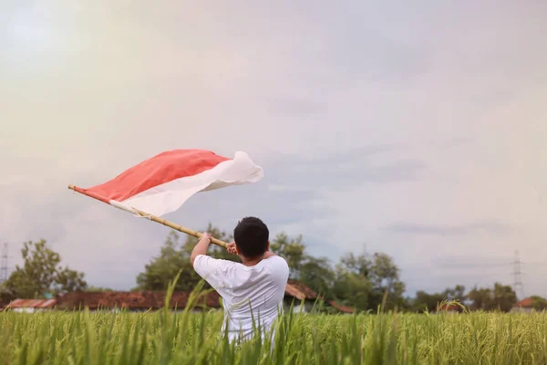 8月17日 亚洲男孩举旗庆祝印度尼西亚独立日的背景图 — 图库照片