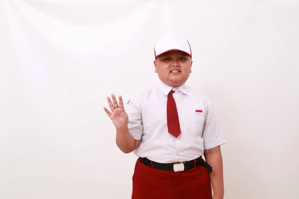 Estudante Escola Primária Vestindo Uniforme Branco Vermelho Mostrando Quatro Dedos — Fotografia de Stock