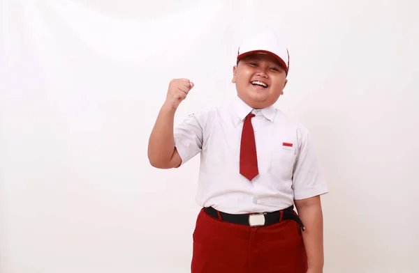幸せなアジアの小学校の学生は赤い白い制服を着て 拳や手をきれいにする — ストック写真