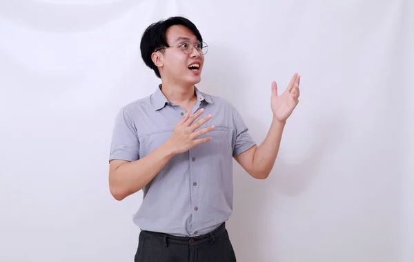 Asian Man Standing Surprised Expression Something Him Isolated White — Stock Photo, Image