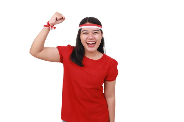 Glad Ung Indonesisk Flicka Fira Indonesiska Självständighetsdagen Med Näve Händer — Stockfoto