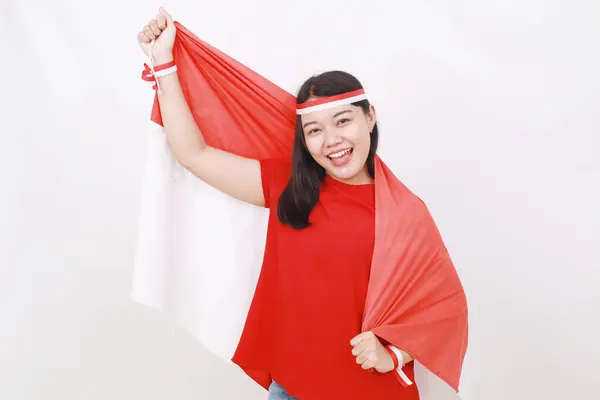 Glada Unga Indonesiska Flicka Fira Självständighetsdagen Samtidigt Hålla Röd Vit — Stockfoto