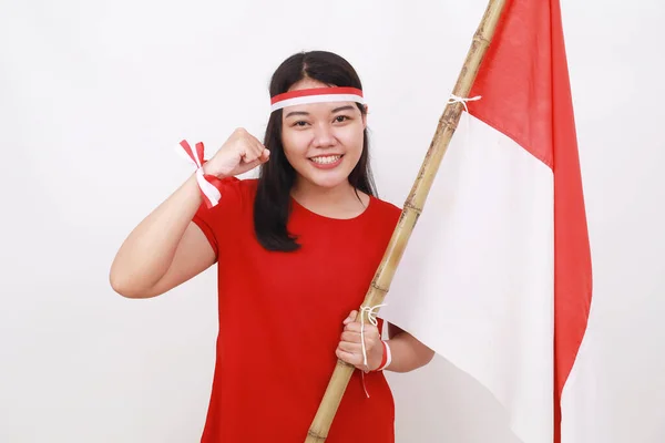 Young Indonesian Girl Celebrate Independence Day While Holding Red White — Stock Photo, Image