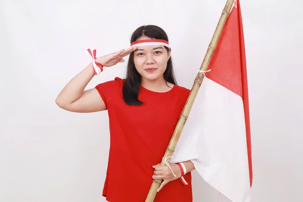 Joven Niña Indonesia Celebrar Día Independencia Mientras Sostiene Bandera Blanca —  Fotos de Stock