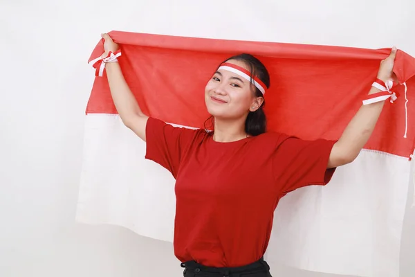 Glada Unga Indonesiska Flicka Fira Självständighetsdagen Medan Utspelas Röd Vit — Stockfoto
