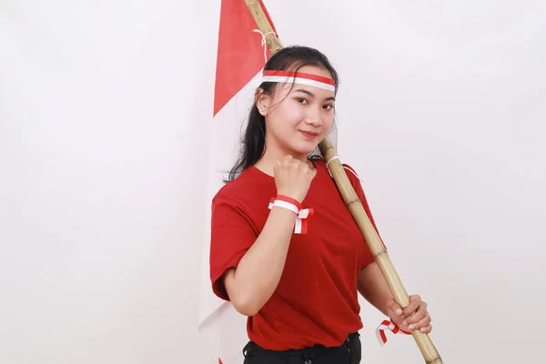 Молода Дівчина Індуїзму Відзначає День Незалежності Тримаючи Червоний Білий Прапор — стокове фото