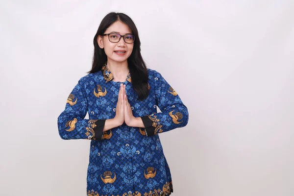 Barátságos Boldog Ázsiai Batik Korpri Indonéz Hagyományos Egyenruha Hogy Barátságos — Stock Fotó