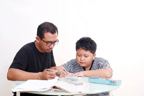 Asian School Boy Studying His Dad Home — Stock Photo, Image