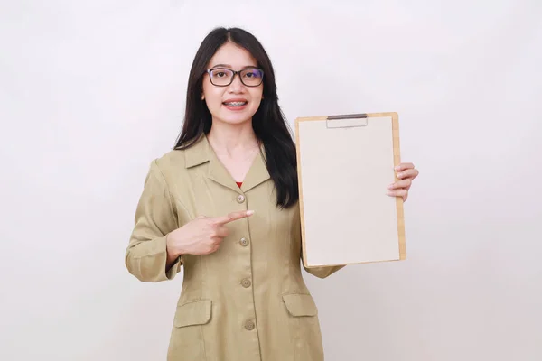 Happy Young Pretty Teacher Holding Clipboard Pointing — Stock Photo, Image