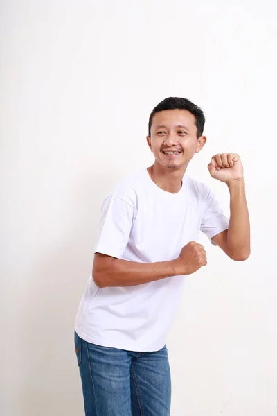 Happy Asian Funny Man Dancing White Background — Stok Foto