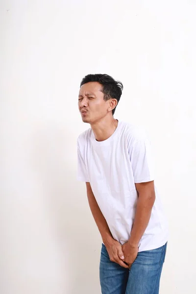 Asiático Engraçado Homem Quer Fazer Xixi Segurando Sua Bexiga Conceito — Fotografia de Stock