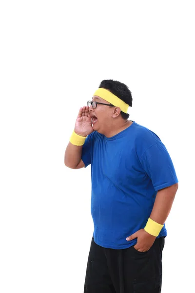 Asian Overweight Man Sportswear Standing While Shouting Isolated White — Stock Photo, Image