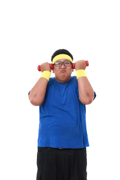 Uomo Asiatico Sovrappeso Abbigliamento Sportivo Piedi Mentre Tiene Manubri Isolato — Foto Stock