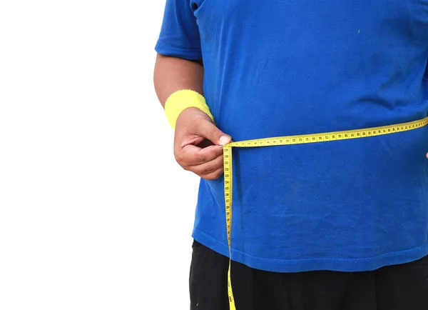 Close Photo Overweight Man Sportswear Measuring His Belly Measuring Tape — Stock Photo, Image