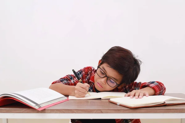 Χαρούμενη Ασιάτισσα Φοιτήτρια Που Σπουδάζει Ενώ Γράφει Κάτι Στο Βιβλίο — Φωτογραφία Αρχείου