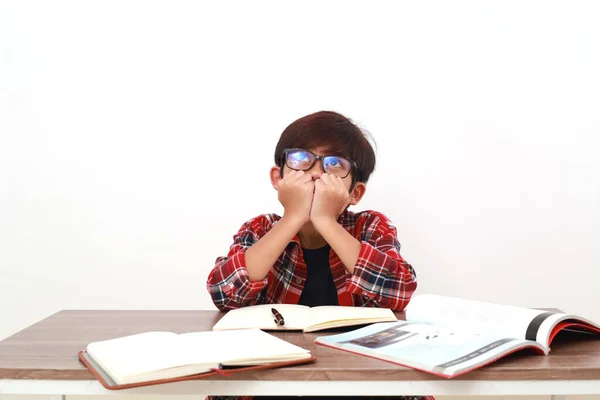 Scared Asian Student Looking While Studying Isolated White — Stock Photo, Image