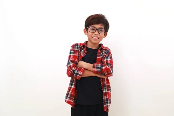 Handsome Asian Boy Standing Folded Hands While Looking Camera Isolated — Stock Photo, Image