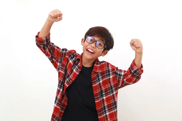 Happy Asian Boy Standing Succeed Hand Gesture Fist Hands Isolated — Stock Photo, Image