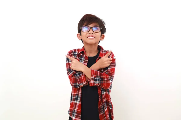 Glad Asiatisk Pojke Stående Mellan Två Val Isolerad Vitt — Stockfoto