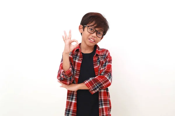 Nöjd Asiatisk Pojke Stående Medan Visar Okej Hand Gest Isolerad — Stockfoto