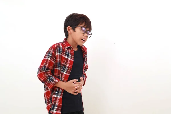 Asiatisk Pojke Som Lider Magont Håll Magen Med Handen Isolerad — Stockfoto