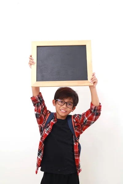 Happy Asian Student Standing While Holding Blank Blackboard Isolated White — Stock Photo, Image