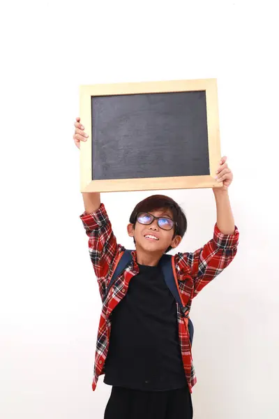 Happy Asian Student Standing While Holding Blank Blackboard Isolated White — Stock Photo, Image