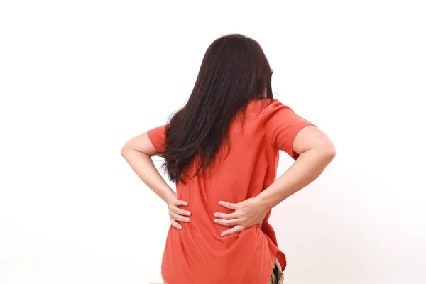 Back View Asian Adult Woman Suffering Back Pain Isolated White — Stock Photo, Image